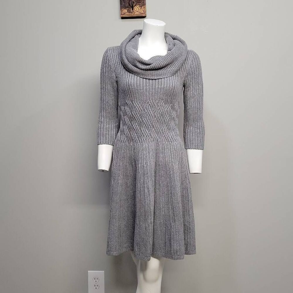 Eliza J Sweater Dress SZ S Petite Grey Cable Knit Cowl Neck Fit & Flare Academia